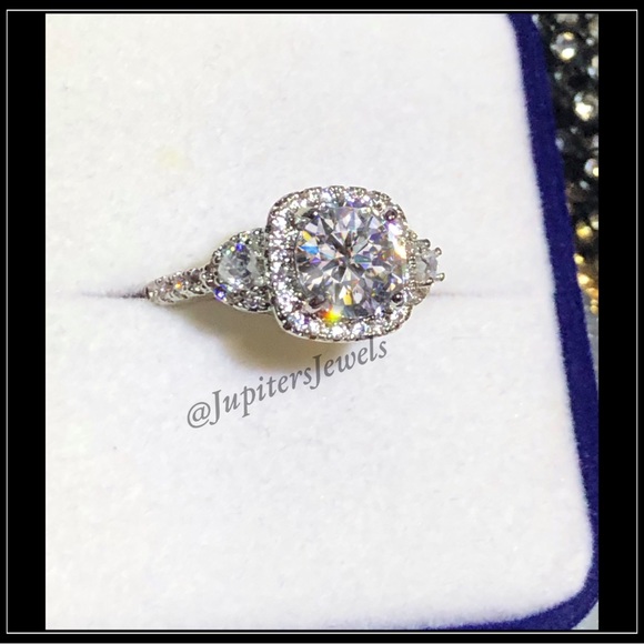 NEW 14K White Gold Round Simulated Diamond Dimensional Prism Halo Ring - Picture 4 of 5